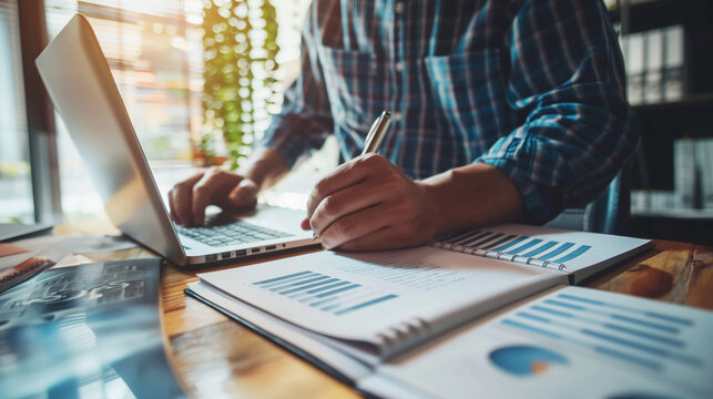 A Professional Working On A Laptop With Documents And Charts On A Wooden Desk, Highlighting Analysis, Data Review, And Business Planning In A Sunlit Office.