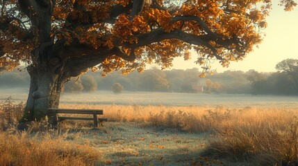 A tranquil autumn morning in a picturesque countryside setting featuring a solitary wooden bench under a majestic oak tree with golden leaves, casting long shadows over a misty meadow - Powered by Adobe