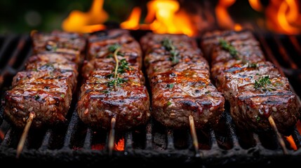 Deliciously Grilled Meat Kebabs on Skewers Cooking on a Barbecue Grill with Flames in the...