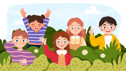 Happy children day. Children playing in the grass. Kids hiding behind plants in park. Cute kids group greeting, waving with hand, portrait. Boys, girls playing outdoor in nature. Flat vector 