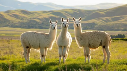 Obraz premium Three white llamas standing together in a lush green field, with soft, golden sunlight illuminating their fur.