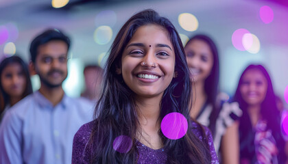 Smiling indian woman standing with group