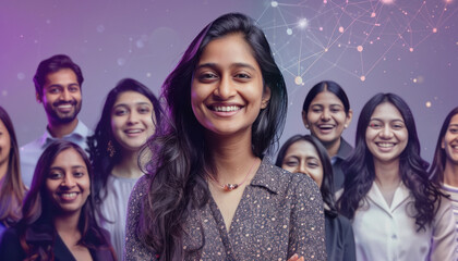 Smiling indian woman standing with group