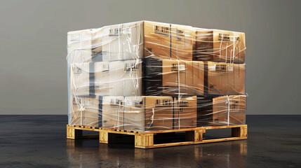 A wooden pallet stacked with multiple cardboard boxes wrapped in plastic film, indicating packaging and shipping preparation in a warehouse setting.