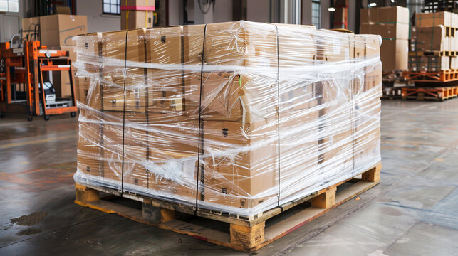 A large wooden pallet wrapped in plastic film holds numerous cardboard boxes inside a warehouse, representing logistics and storage operations.