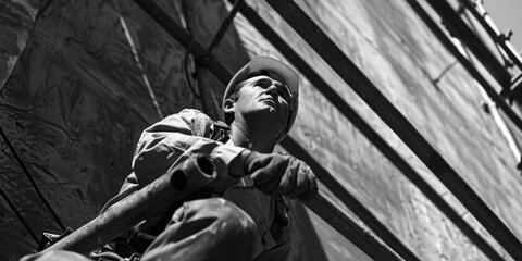 Black and white photo of a man leaning against a building. Suitable for architectural or urban themes