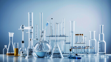 Assorted laboratory glassware including beakers, test tubes, flasks, and pipettes arranged on a...
