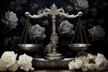 Obraz premium A scale of law with two white roses placed on a wooden table. Generative AI