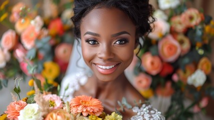 Beautiful bride smiling radiantly while holding a bouquet of colorful flowers with a backdrop of vibrant floral arrangements on her wedding day