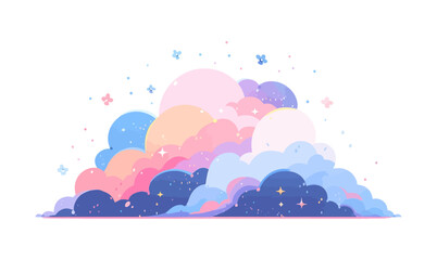 Beautiful illustration of pastel colored clouds with stars and sparkles, on a white background.