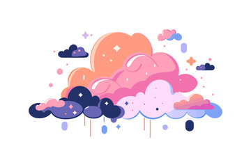 Colorful cluster of cartoon clouds with stars and sparkles, on a white background.