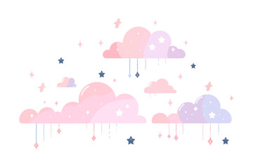 Adorable clouds with stars and hanging droplets in pastel colors, on a white background.