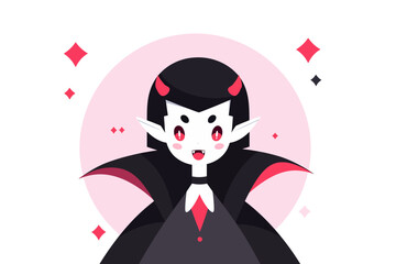 Adorable cartoon vampire character with a cape and fangs, on a white background.