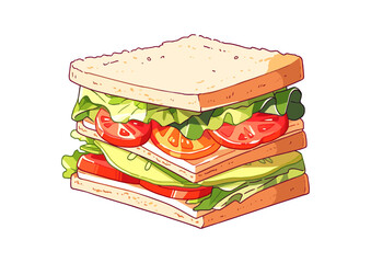 Delicious fresh vegetable sandwich with tomatoes, lettuce, and cucumbers, on a white background.