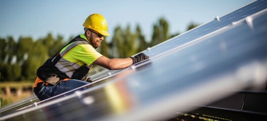 Fototapeta premium Worker assemble a solar system, install energy solar panel on roof. Concept for alternative energy and a clean environment