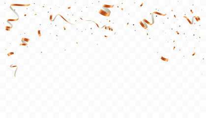 Confetti on a transparent background. Falling shiny golden confetti. Bright golden holiday tinsel. Holiday design elements for web banner, poster, flyer, invitation. Vector 10 EPS