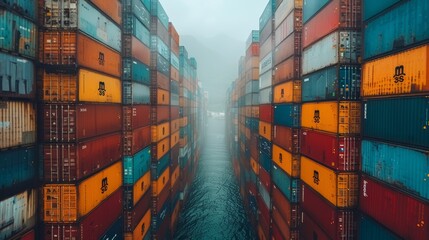 Fototapeta premium A densely packed scene of stacked shipping containers in vibrant colors lines both sides of a narrow foggy pathway in a port area