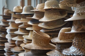 Rows of woven straw hats stacked neatly on shelves in a market setting - Powered by Adobe