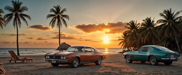 Travel, luxury car 1970s on a tropical beach, Sunset trip on Palm Beach, travel and summer holiday celebration. Retro or vintage Postcard or ban
