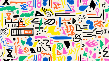 Rainbow neon graphic design pictograms geometric shapes design poster background