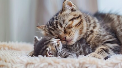 Tender moment between mother cat and her kitten snuggling