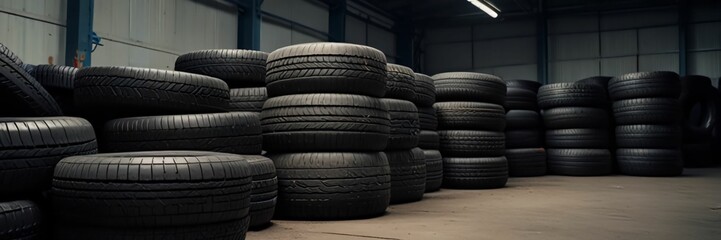 Obraz premium Piles of car tires in factory storage area. Concept Industrial Waste Management, Recycling Practices, Synthetic Rubber Production, Tire Manufacturing Technology