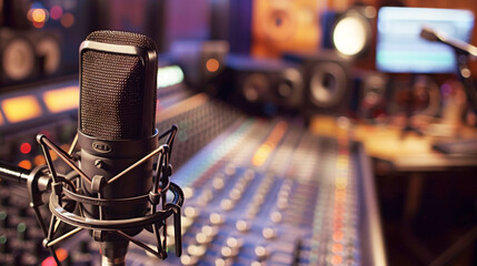 Close-up of a professional microphone in a recording studio with mixing equipment and blurred background, depicting a music production environment.