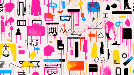 Rainbow neon graphic design pictograms geometric shapes design poster background