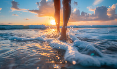 View of a person's bare feet walking towards the sea on a beach to take a bath. With the foamy ocean waves, the sun sets on the horizon.Sense of freedom and joy - Powered by Adobe