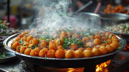 Delicious street food scene with steaming hot Grilled Potato Balls garnished with fresh herbs cooking on a large round pan in a bustling market