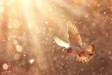 Obraz premium Serene dove flying in a radiant orange sunset