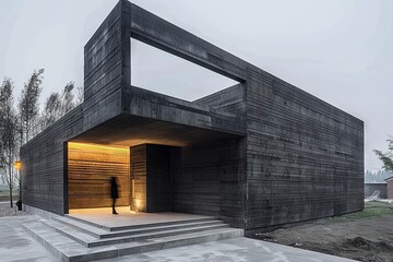 Contemporary wooden architecture with silhouetted figure at dusk