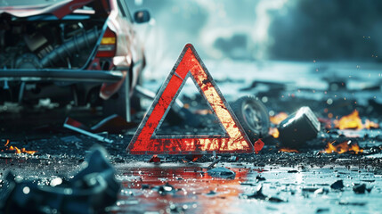 A close-up of a red warning triangle in front of a damaged car with debris scattered around. Background shows flames and smoke, indicating an accident or crash scene.
