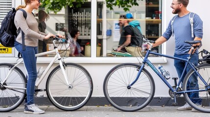 Fototapeta premium Two individuals, a man and a woman, engaging in a friendly conversation while holding bicycles on a city street, reflecting an active urban lifestyle