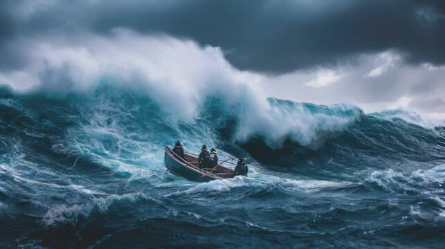 a group of fishermen in the middle of the ocean with big waves