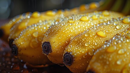 Close-up View of Fresh Yellow Bananas with Dew Drops Elegantly Captured in High Definition, Highlighting Detailed Textures and Vibrant Colors