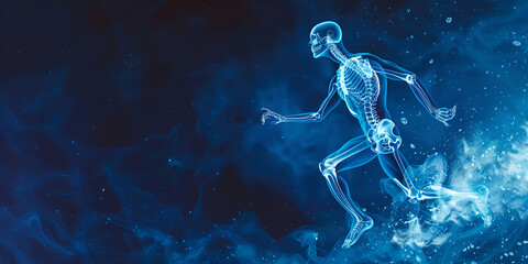Knee joint pain Anatomy For Medical Concept 3D Illustration,A blue background with a silhouette of a running man.