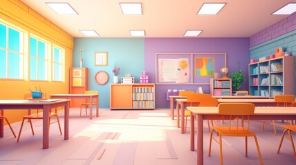 Colorful and bright classroom with chairs and desks arranged in rows. The walls are painted in bright colors and there are windows on one side of the room.