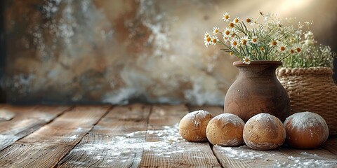A serene and rustic kitchen scene with freshly baked bread rolls, scattered flour, a clay pot with wildflowers, positioned on a worn wooden table illuminated by warm sunlight - Powered by Adobe