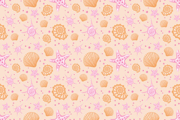 Seamless pattern. Pink starfish and different seashells on a peach background.