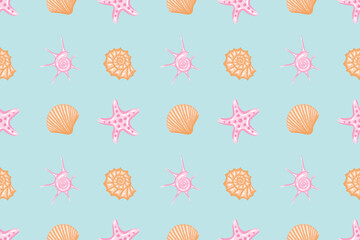 Seamless pattern. Pink starfish and colored seashells on a blue background.