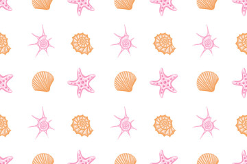 Seamless pattern. Pink starfish and colorful seashells on a white background.