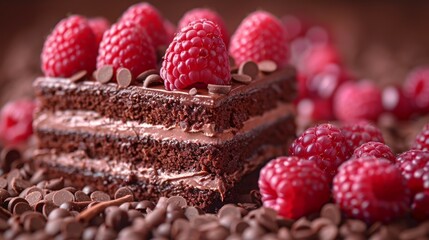 A scrumptious chocolate cake layered with rich frosting adorned by fresh raspberries and surrounded...