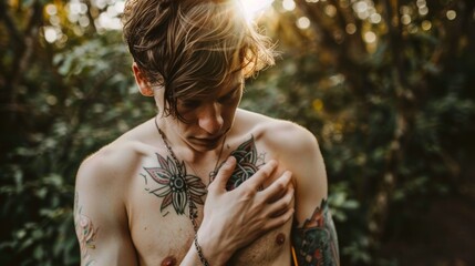 A young tattooed man pensively touches his chest while standing amid a softly lit forest, conveying a mood of solitude and introspection