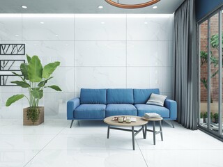 Bright and luxury living room interior with white marble wall and flooring, blue sofa set, green plant pot, coffee table, window and grey curtains. 3D Illustrations. 3D Rendering