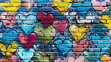 Brick wall with painted hearts in graffiti, wall art