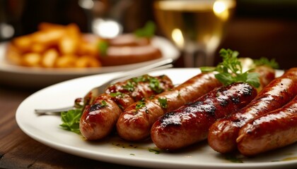 A delicious meal with various kinds of foods like meat and sausages presented in an appetizing...