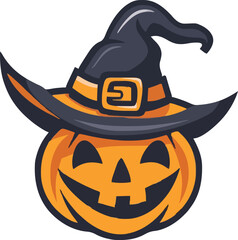 Halloween scary pumpkin in purple witches hat in