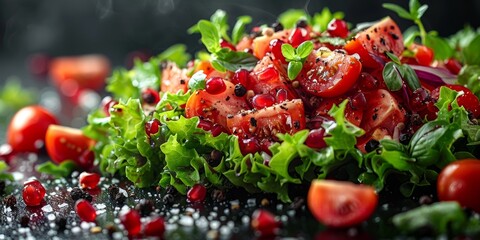 A vibrant close-up image of a freshly prepared salad with juicy tomatoes and glistening salad leaves splashed with dressing - Powered by Adobe