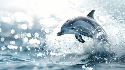 Dolphin Jumping Out of Water in 3D Flat Cartoon Style: Dynamic Movement and Joyful Expression. Ideal for Marine Life and Wildlife Themes!